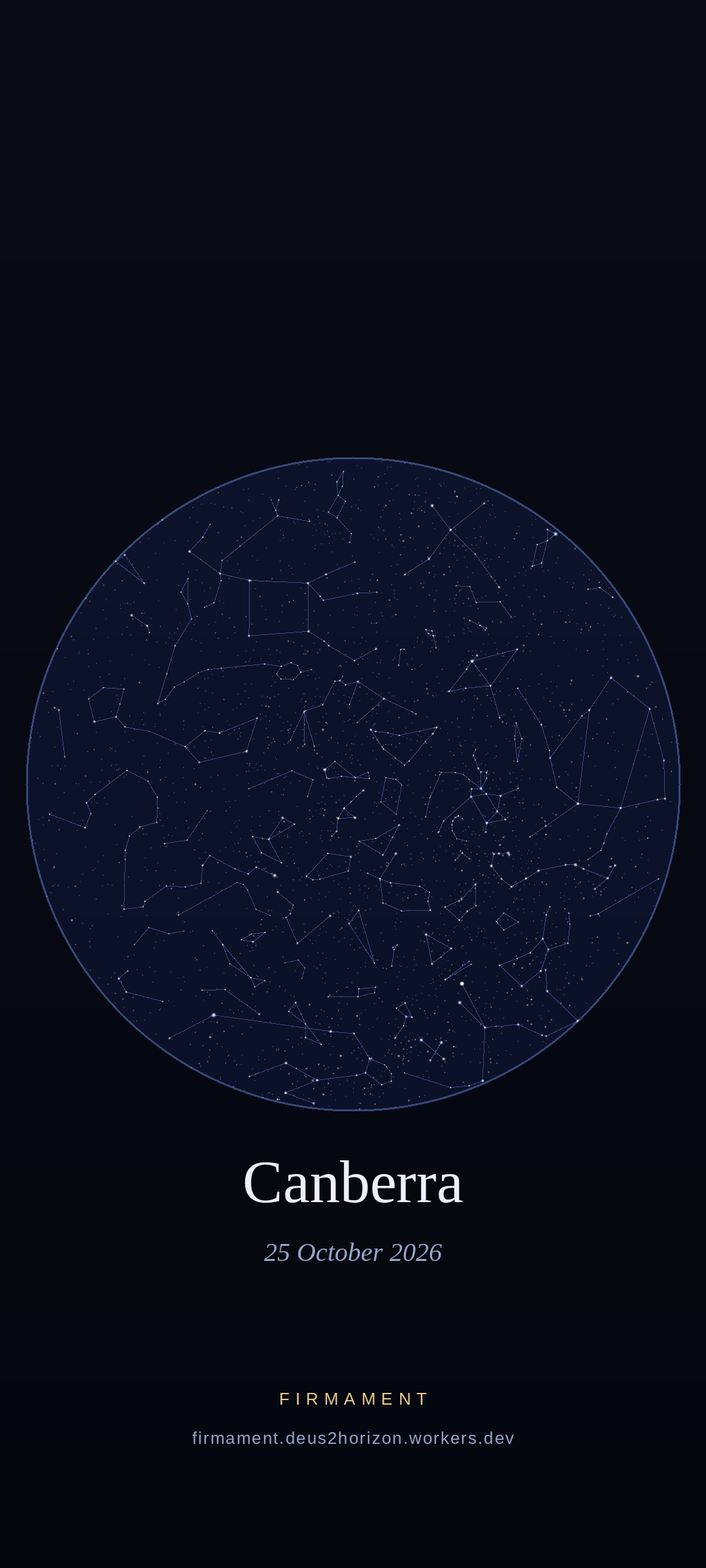 Cielo notturno sopra Canberra, Australia il 25 ottobre 2026