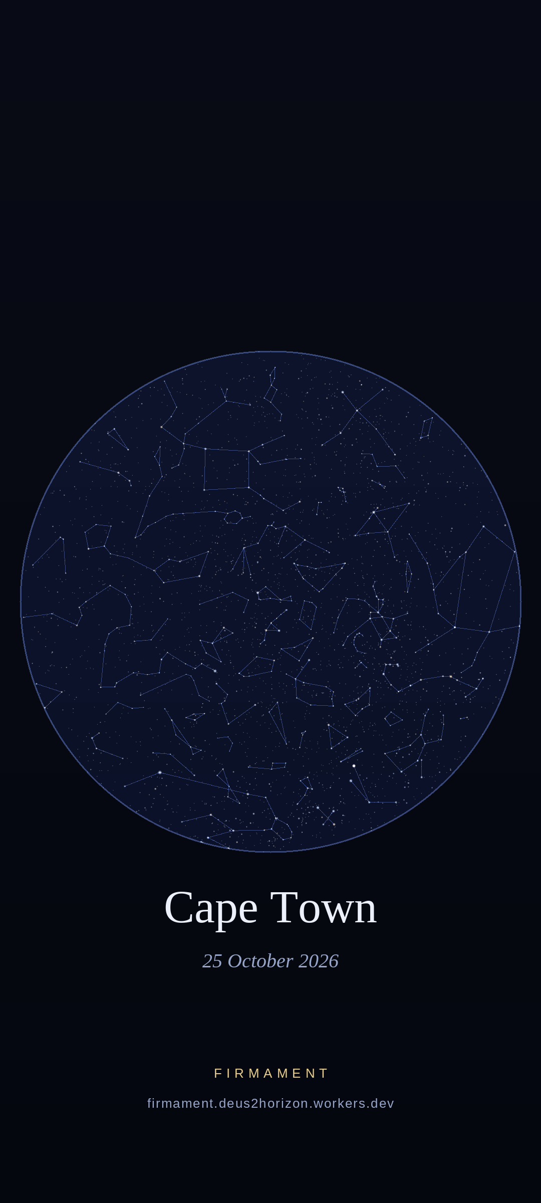Cielo nocturno sobre Cape Town, South Africa el 25 de octubre de 2026