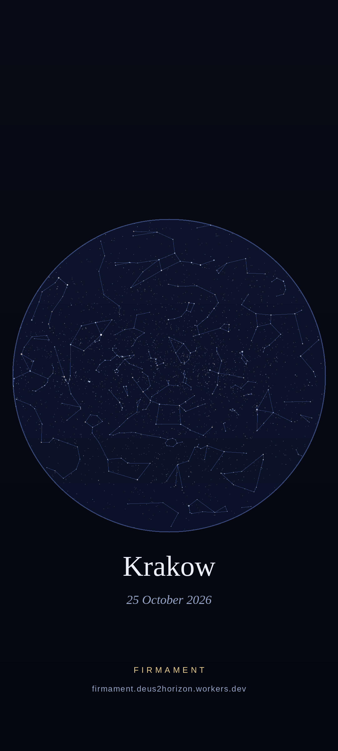 Céu noturno sobre Krakow, Poland em 25 de outubro de 2026