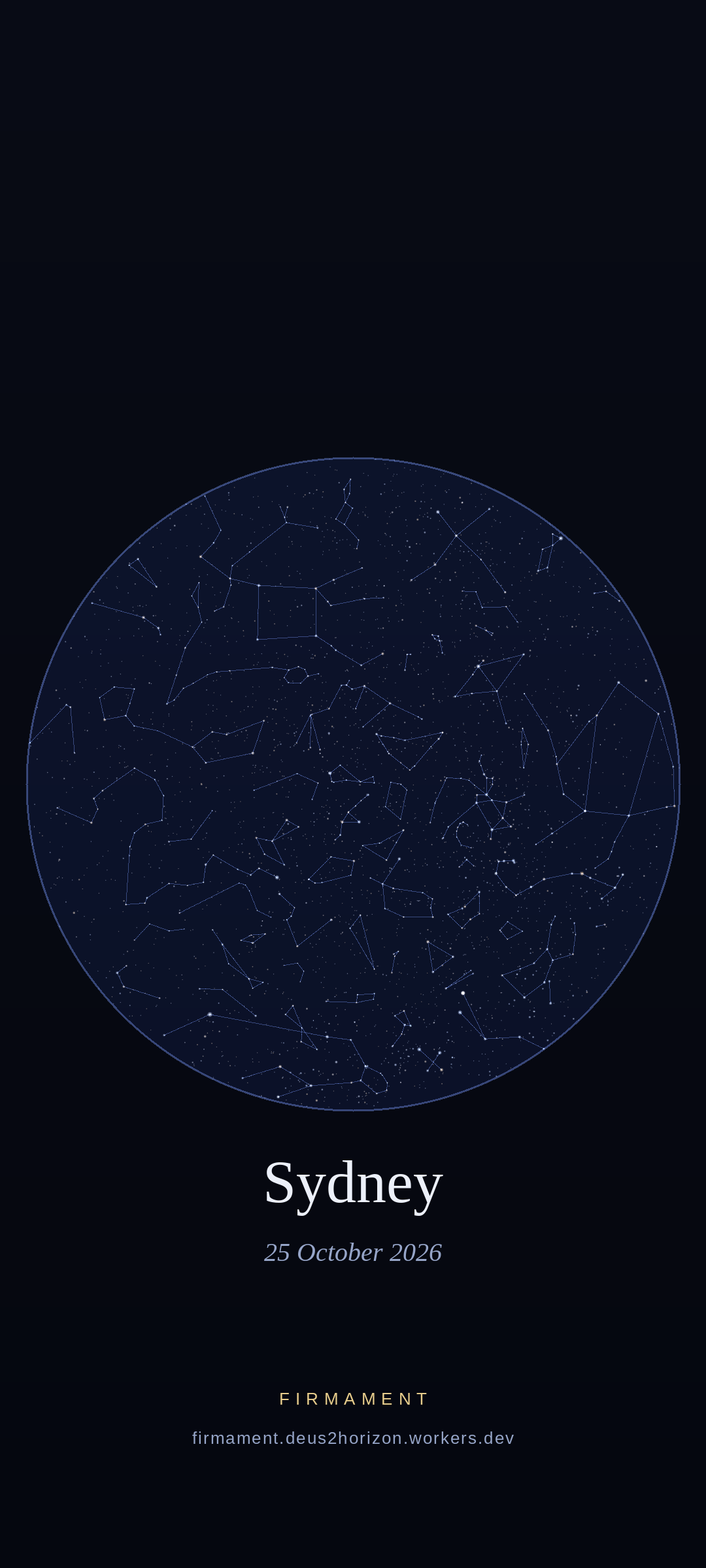 Cielo notturno sopra Sydney, Australia il 25 ottobre 2026
